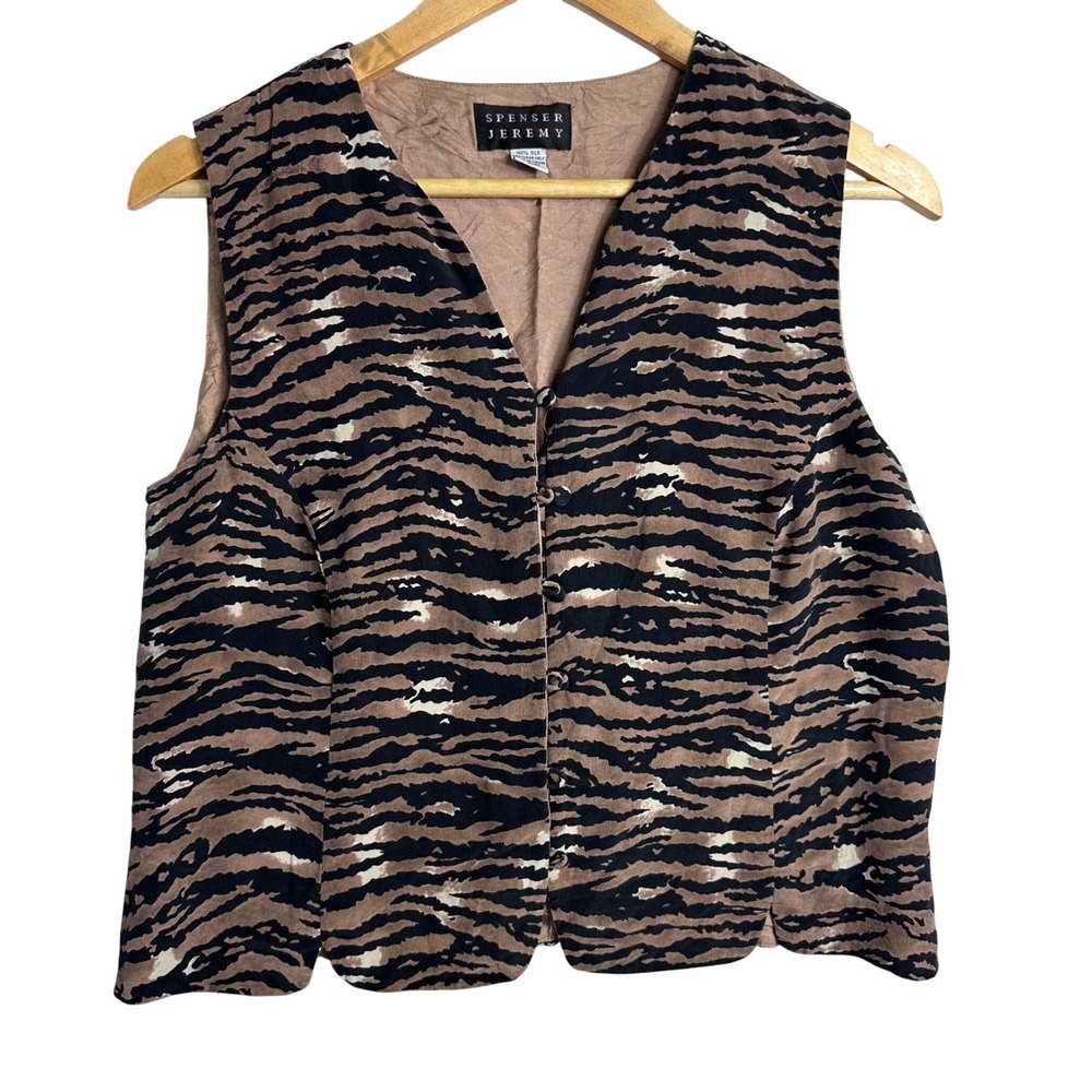 Spenser Jeremy Womens 100% Silk Animal Print Button Front Vest Brown Vintage 90s